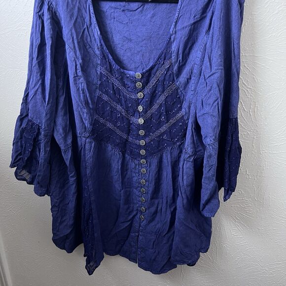 Denim Assymetrical Top Women’s Plus Sz‎ 26 Blue 3/4 Bell Sleeve Rena Fairy - Picture 3 of 8